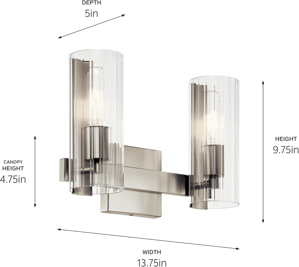 Kichler Jemsa 2-Light Bathroom Vanity Light Fixture with Clear Fluted Glass in Brushed Nickel for Modern Bathroom or Powder Room Over Mirror (9.75' x 13.75'), 55167NI