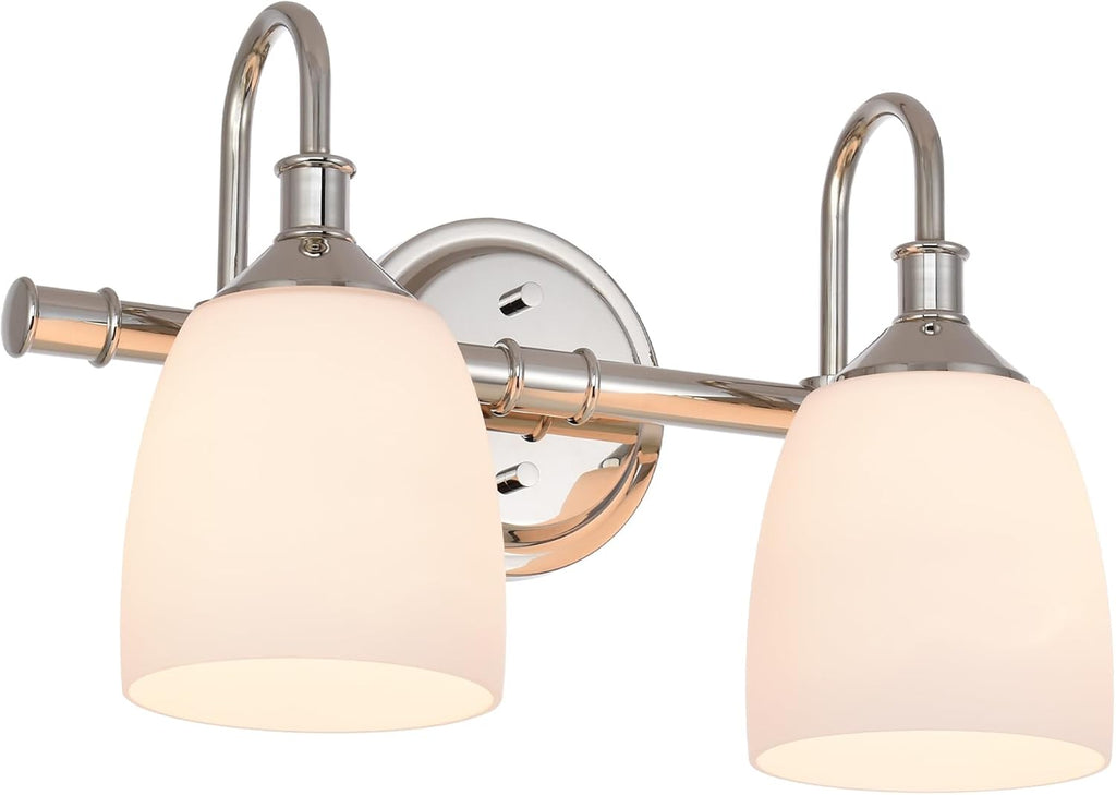 Polished Nickel 2-Light Bathroom Vanity Light Fixtures Over Mirror, Vintage Vanity Lights for Living Room, Milk White Glass Shades, Standard E26 Base