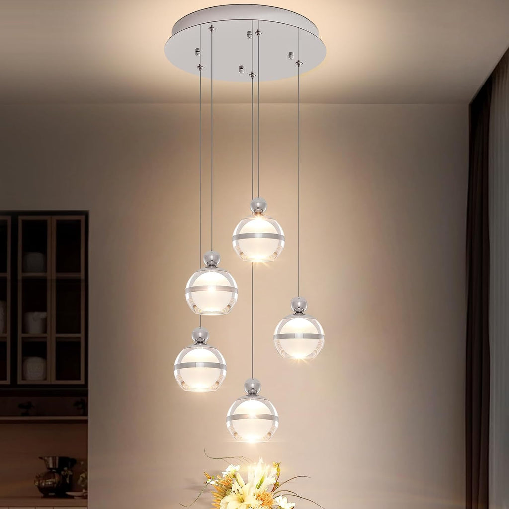 5-Light Chrome Chandelier, Modern Long Chandeliers for High Ceilings Globe Hanging Light Chandelier for Staircase Foyer Corner Living Room Entryway Dining Room 3000K