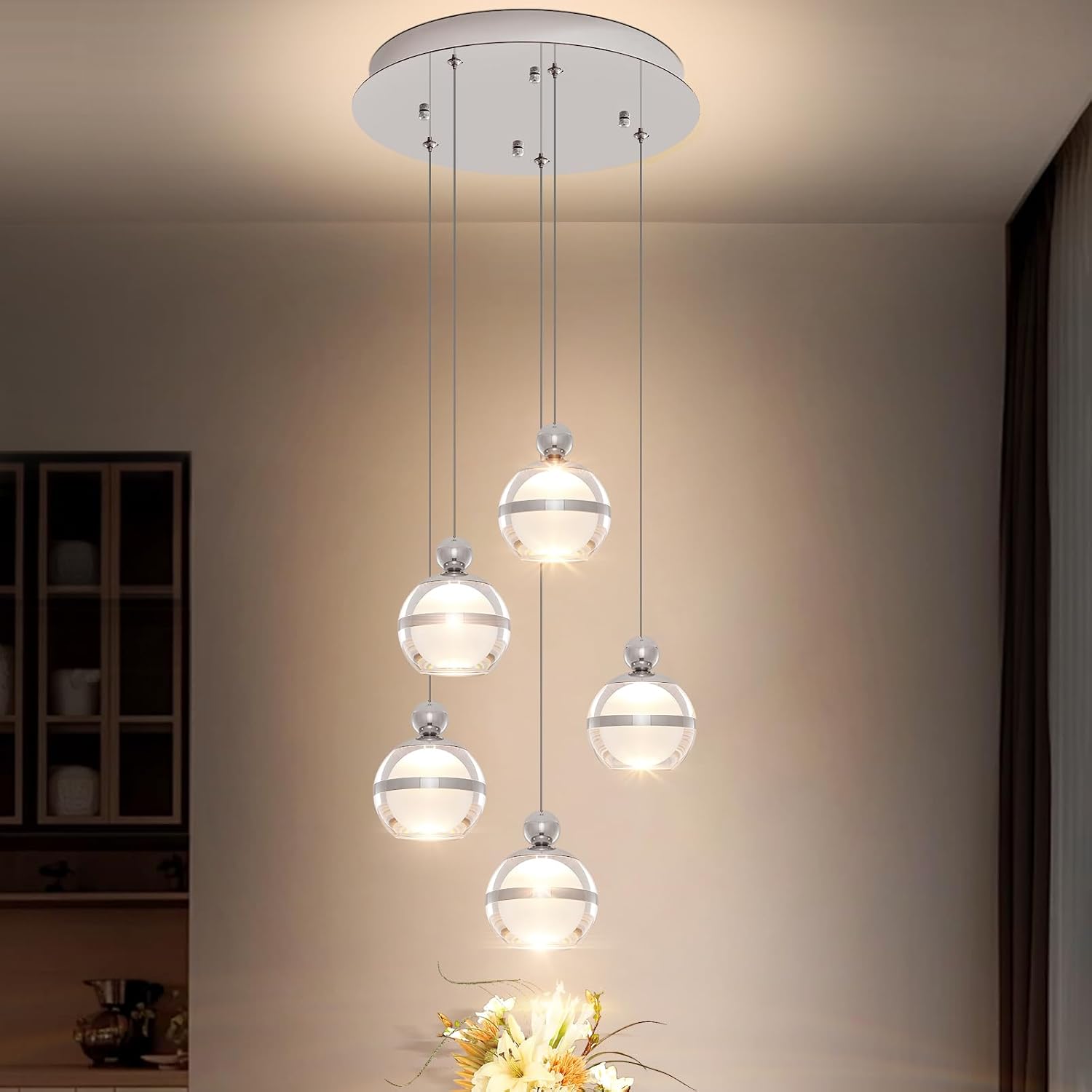 5-Light Chrome Chandelier, Modern Long Chandeliers for High Ceilings Globe Hanging Light Chandelier for Staircase Foyer Corner Living Room Entryway Dining Room 3000K