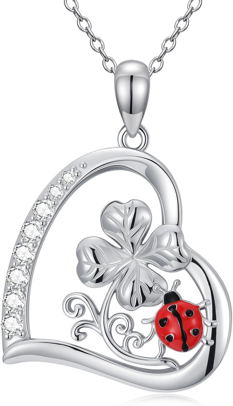 Diamond Ladybug Necklace for Women 925 Sterling Silver Ladybug Four Leaf Clover Pendant Necklace with Lab Grown Diamonds Cute Jewelry Anniversary Valentine's Day Christmas Gifts for Her