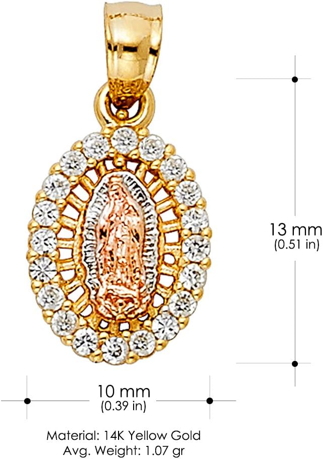 Ioka 14K Yellow Gold Our Lady of Guadalupe Cubic Zirconia CZ Charm Pendant with 1.5mm Valentino Chain Necklace
