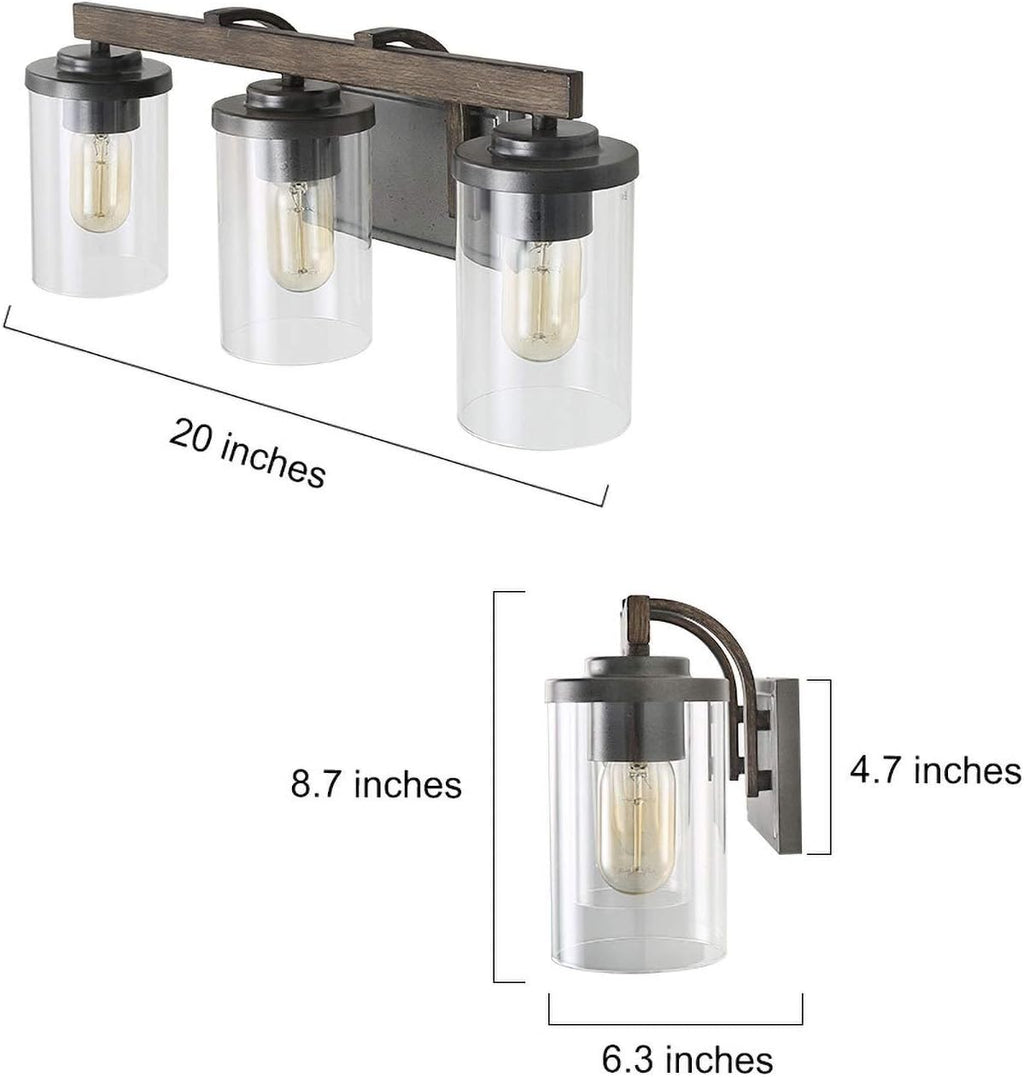 LALUZ Bathroom Vanity Light Fixtures, 3-Light Farmhouse Vanity Light with Clear Glass Shades, Faux Wood, 20'' L x 6.3'' W x 8.7'' H