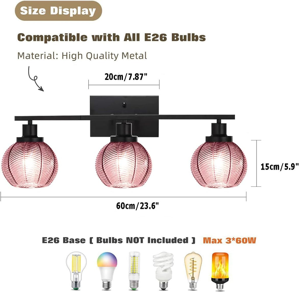 3-Light Pink Globe Bathroom Vanity Light Vintage Wall Sconce | 3-Light Vanity Light, Pink Ribbed Globe Glass Shades, E26, Soft Glow Mirror Lighting For Master Bath, Powder Room, Bathroom