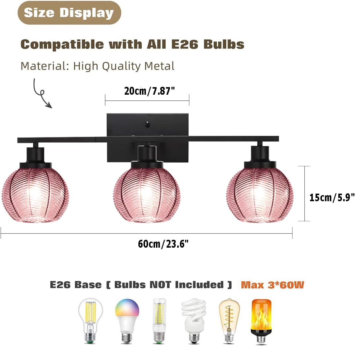 3-Light Pink Globe Bathroom Vanity Light Vintage Wall Sconce | 3-Light Vanity Light, Pink Ribbed Globe Glass Shades, E26, Soft Glow Mirror Lighting For Master Bath, Powder Room, Bathroom
