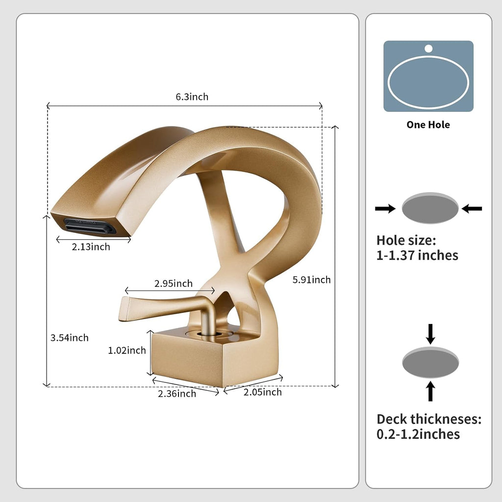 One Hole Bathroom Sink Faucet Waterfall Champagne Gold Single Handle Elegant Vanity Basin Deck Mount Lavatory Brass Creative Hollowed Body Antique Design