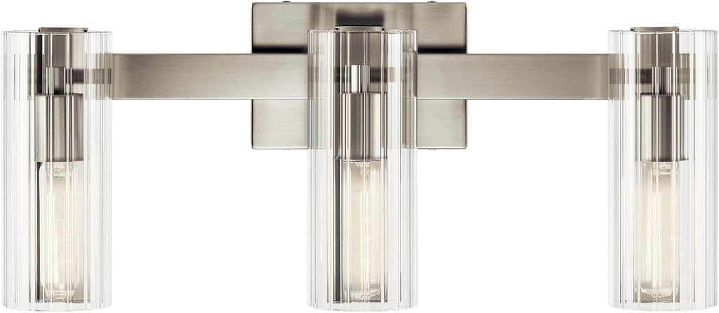Kichler Jemsa 3-Light Bathroom Vanity Light Fixture, Modern Wall Mount with Clear Fluted Glass in Brushed Nickel for Powder Room or Mirror (9.75' x 22.75'), 55168NI