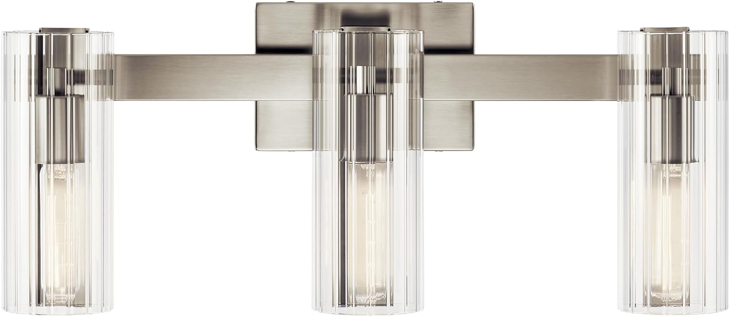 Kichler Jemsa 3-Light Bathroom Vanity Light Fixture, Modern Wall Mount with Clear Fluted Glass in Brushed Nickel for Powder Room or Mirror (9.75' x 22.75'), 55168NI