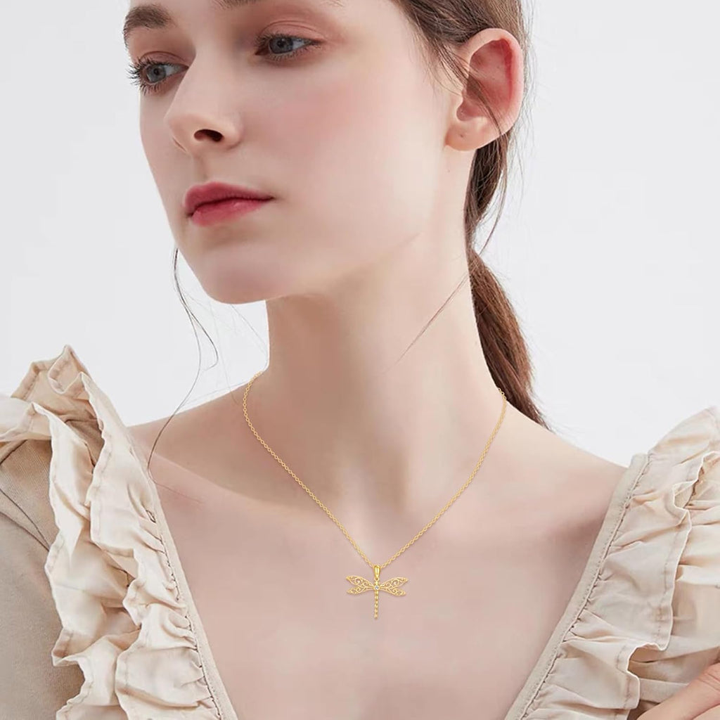 DOVRAN Real Solid Gold Birthstone Butterfly/Dragonfly/Bee/Hummingbird Necklace for Women Yellow Gold Animal Pendant for Christmas Dainty Jewelry Birthday Gifts for Mom Wife