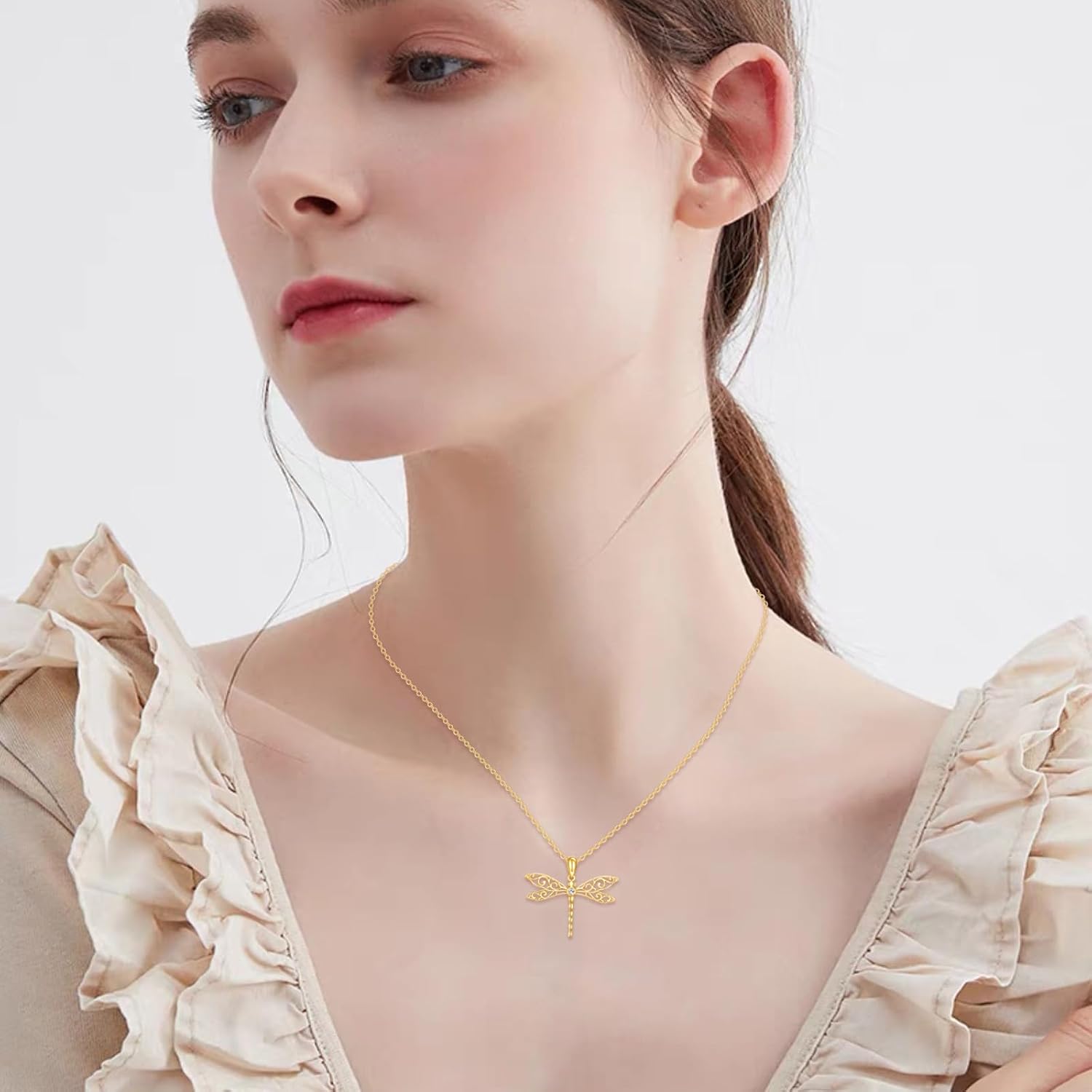 DOVRAN Real Solid Gold Birthstone Butterfly/Dragonfly/Bee/Hummingbird Necklace for Women Yellow Gold Animal Pendant for Christmas Dainty Jewelry Birthday Gifts for Mom Wife