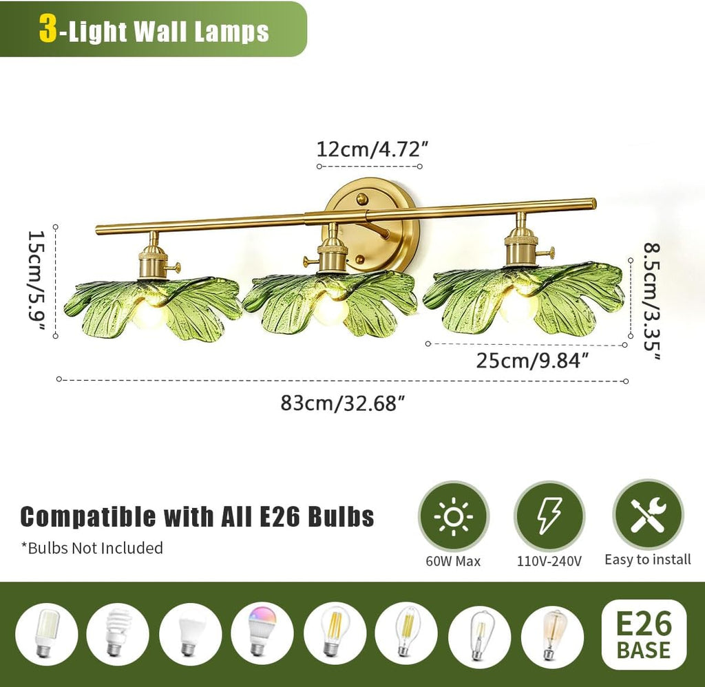 3 Light Green Glass Wall Sconces Art Deco Leaf Bathroom Lighting Fixtures Over Mirror, Gold brass Wall Sconce Vintage Wall Light Mid Century Modern Vanity Lights for Living Room Bedroom Hallway