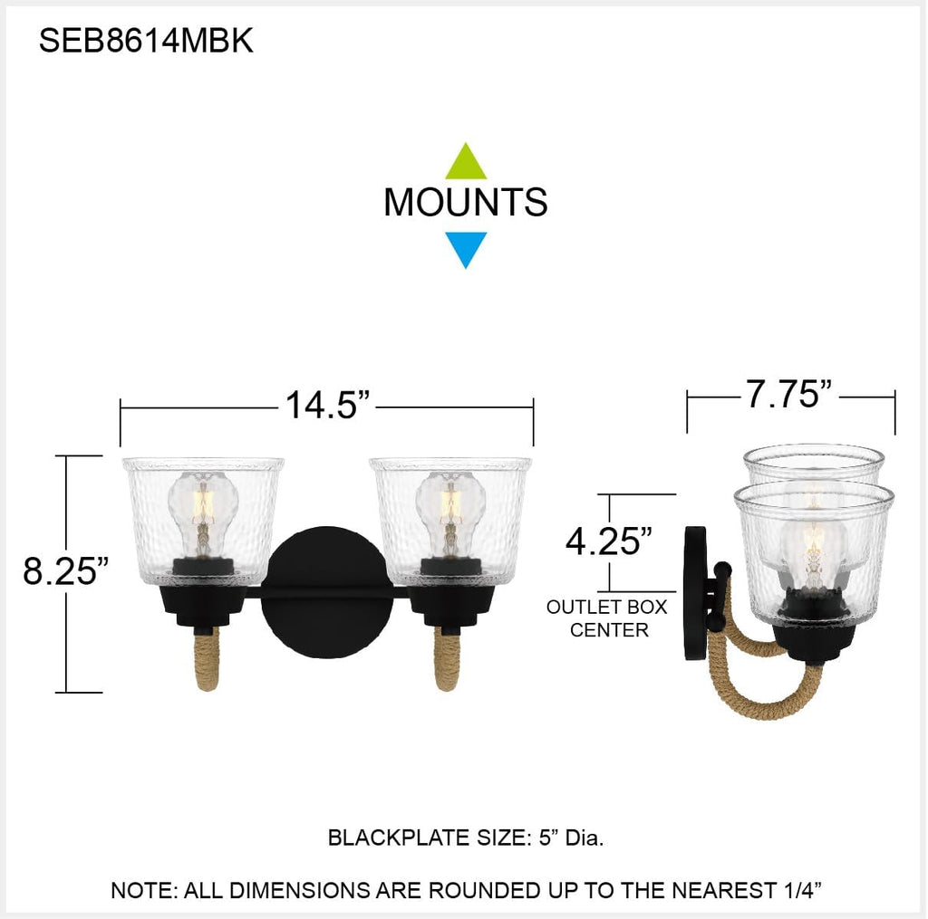 Quoizel Seabreeze Bath Vanity Lights,15 Inch 1-Light Matte Black Coastal-Inspired Lighting Fixtures Over Mirror, Clear Hammered Glass, 100W, Transitional Wall Light for Bathroom, Dresser or Sink