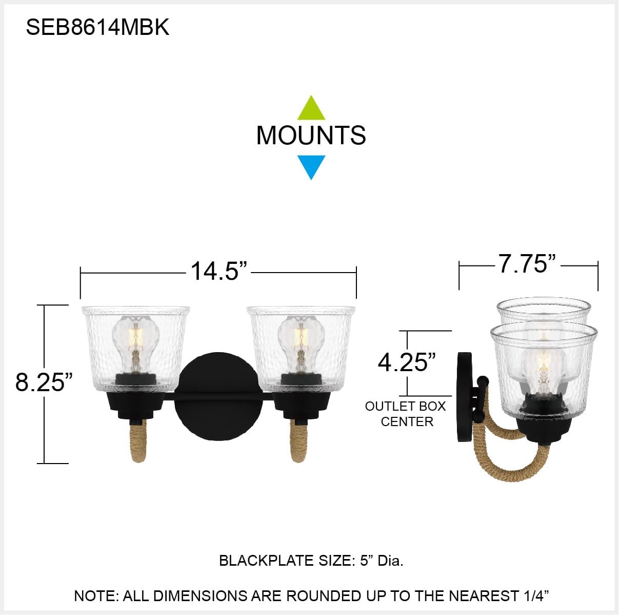 Quoizel Seabreeze Bath Vanity Lights,15 Inch 1-Light Matte Black Coastal-Inspired Lighting Fixtures Over Mirror, Clear Hammered Glass, 100W, Transitional Wall Light for Bathroom, Dresser or Sink