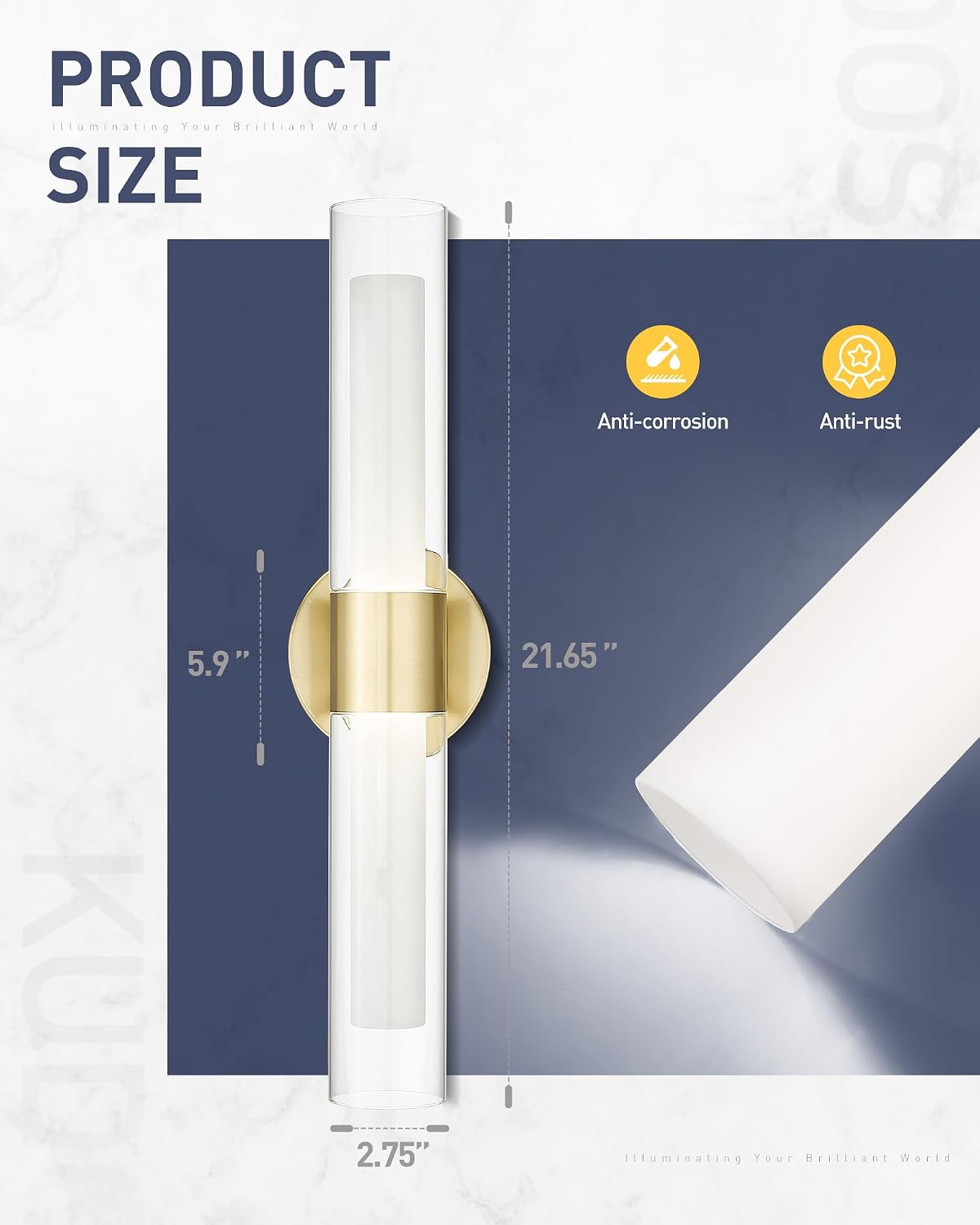 kudos Gold Modern Sconces Wall Lighting, 2Pc Wall Sconces with Clear Glass and Frosted Glass, Modern LED Vanity Light for Bathroom, 3000K/4500K/6000K Adjustable,KDVL06-GD-2-2PK