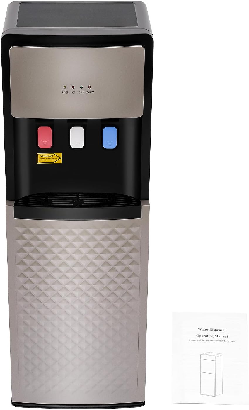 Bottom Loading Water Cooler Dispenser, Water Dispenser for 5 Gallon Bottle, 3 Temperature Settings, Floor Standing Hot and Cold Water Dispenser for Home, Office Use (Silver Grey)