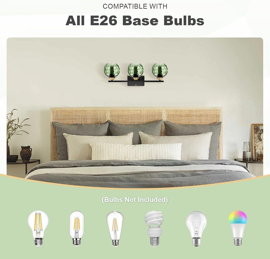 Glass Bathroom Vanity Light Matte Black Mid Century Wall Light Fixtures 3-Light 23.6 Inch Green Globe Shade Indoor Green Glass Wall Sconce for Bedroom Hallway Bedside