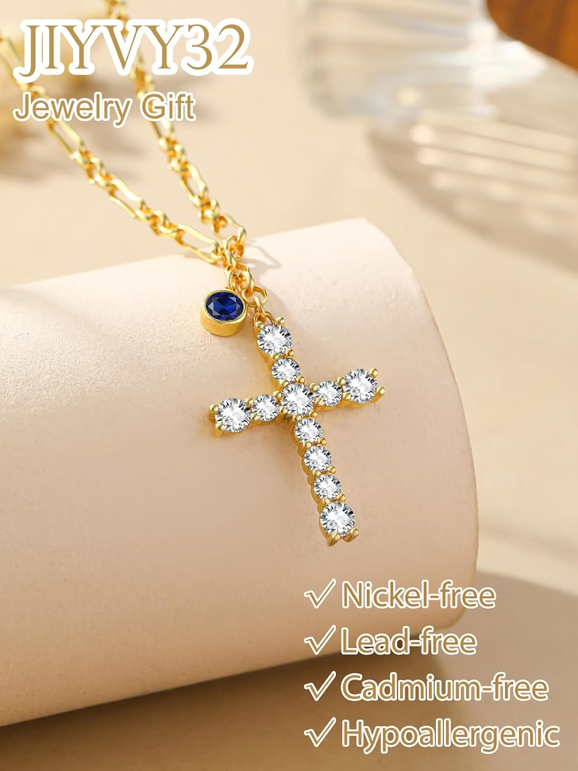 Cross Necklace for Women 14K Gold Birthstone Anniversary Birthday Gift for Wife Mom Protection Christian Jewelry Adjustable Chain