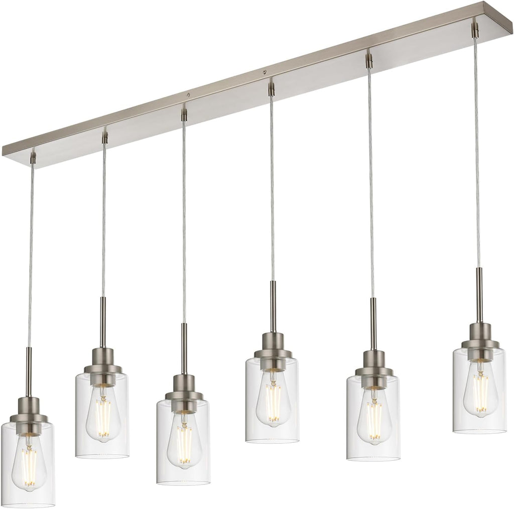 6-Lights Pendant Lighting for Kitchen Island in Brushed Nickel, Ceiling Light Fixtures with Adjustable Hanging Wire & Clear Glass Shades
