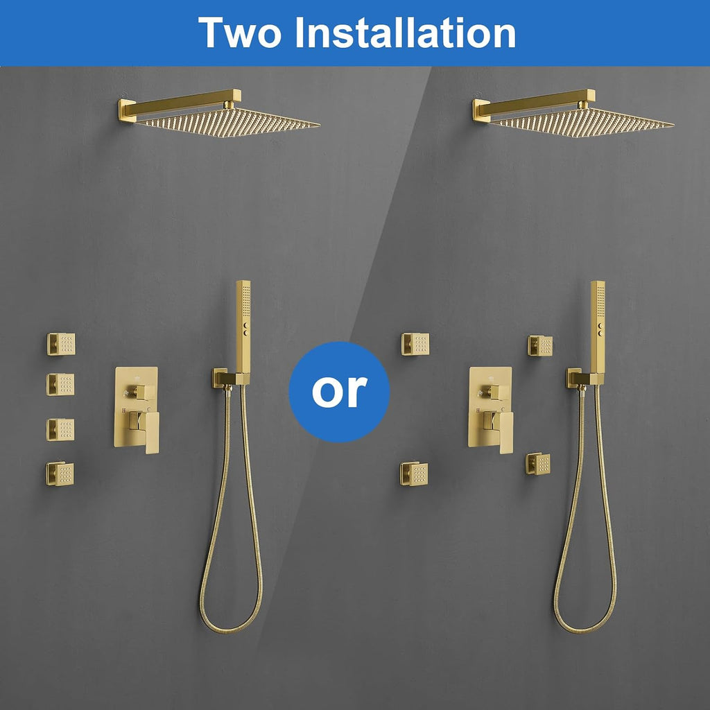 RUMOSE Rainfall Shower System with 4 Body Jets Wall Mounted 4 Mode Shower Faucet Set with 12 Inch Rain Shower Head and 2 in 1 Handheld Spray, Brushed Gold Brass Shower Fixtures, Rough-in Valve