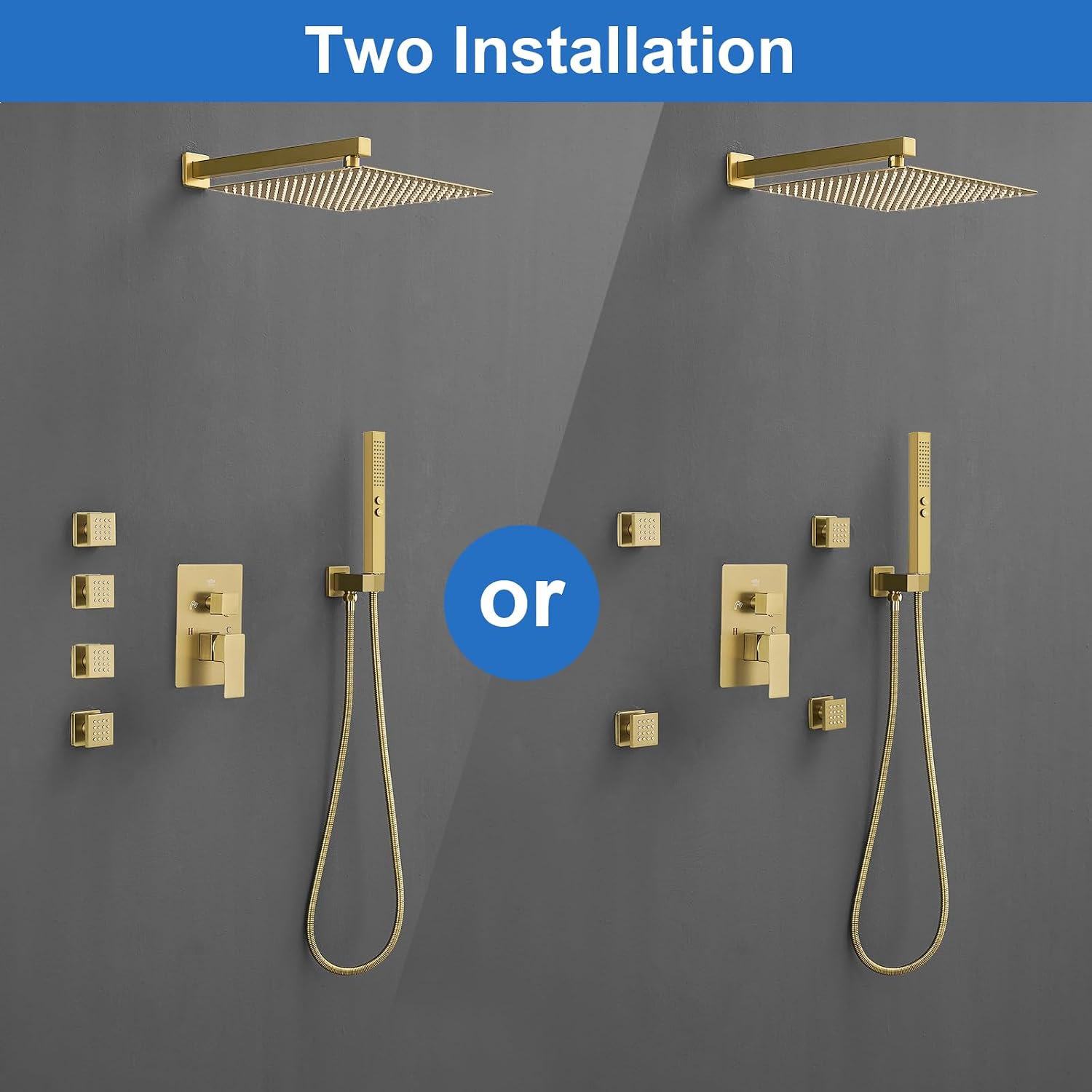 RUMOSE Rainfall Shower System with 4 Body Jets Wall Mounted 4 Mode Shower Faucet Set with 12 Inch Rain Shower Head and 2 in 1 Handheld Spray, Brushed Gold Brass Shower Fixtures, Rough-in Valve