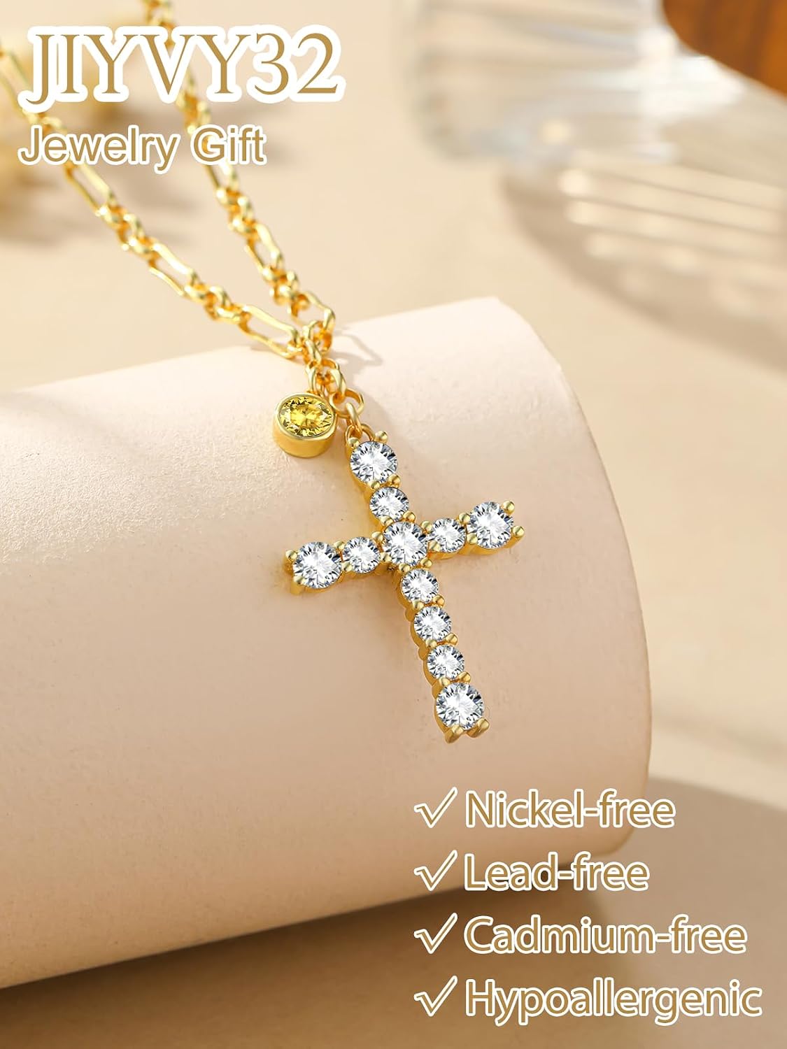 Cross Necklace for Women 14K Gold Birthstone Anniversary Birthday Gift for Wife Mom Protection Christian Jewelry Adjustable Chain