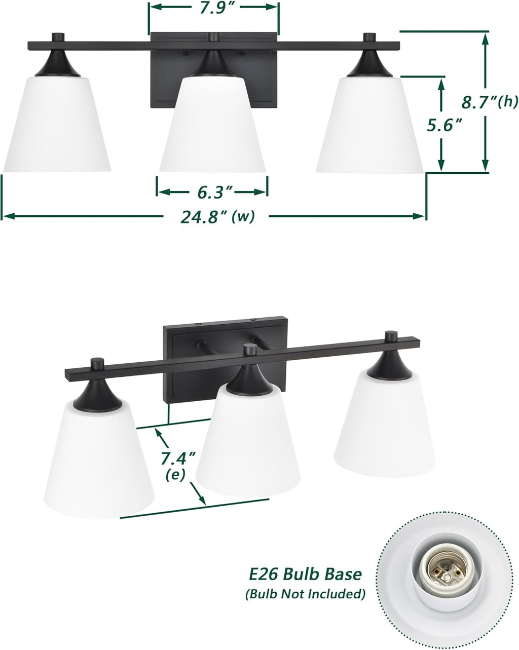 Black Bathroom Vanity Light Fixtures, 3 Lights Traditional Vanity Lighting Fixture with Opal Glass Shade, Porch Wall Mount Light Fixture for Bathroom, Mirror Cabinets Hallway Stairs, Matte Black