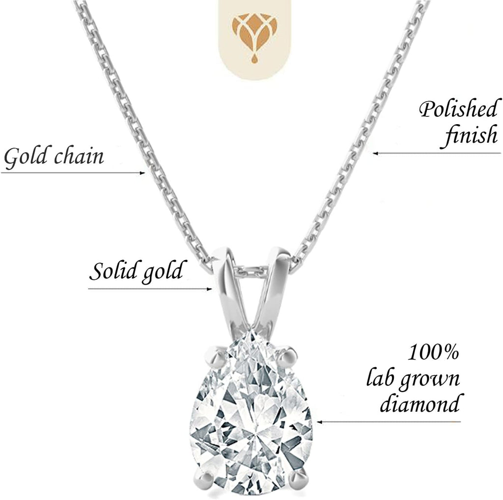 The Diamond Deal .25-1.00 Carat Pear Shape Brilliant Solitaire Lab-Grown Diamond Solitaire Pendant Necklace | 14k Yellow or White or Rose/Pink Gold With 18' Gold Chain