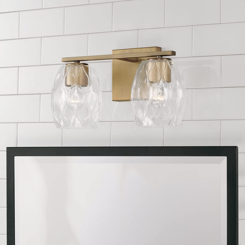 Capital Lighting 145321AD-525 Lucas Transitional Wavy Embossed Glass Vanity Lights for Bathroom, 2-Light 200 Total Watts, 8' H x 14' W, Aged Brass