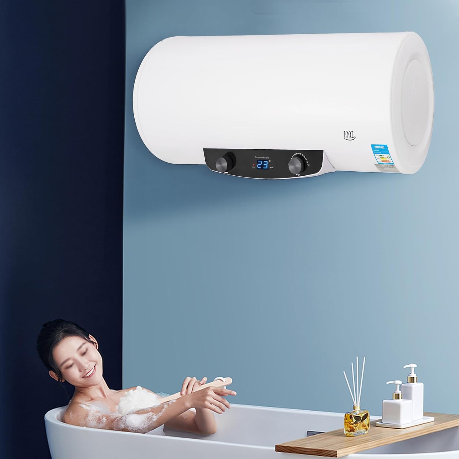 110V 1500W Electric Hot Water Heater, Hung Horizontally Tank Hot Water Heater, 30-75 ℃ Quick Heating, With Pre-Thermostat Knob, On Demand Hot Water Heater for Shower Kitchen Bathroom (100L)