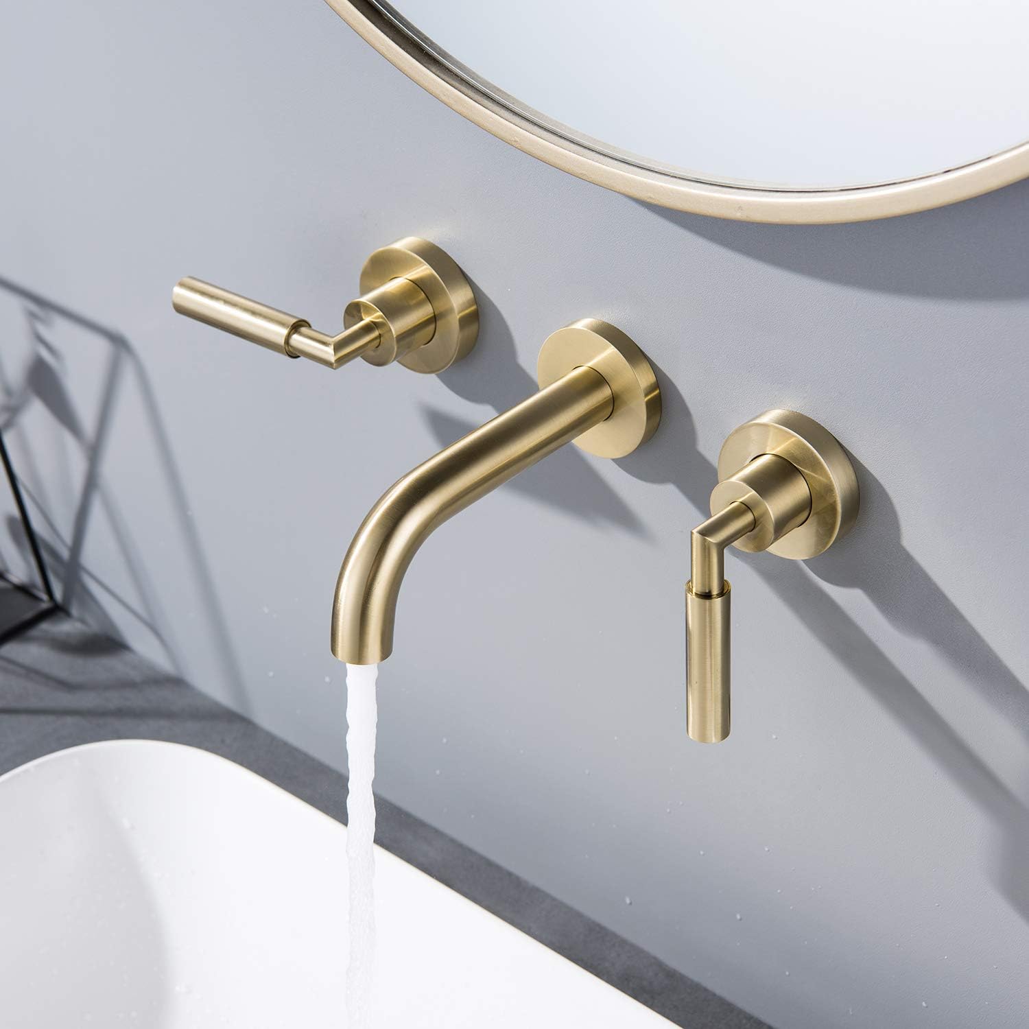 RBROHANT Brushed Gold Wall Mount Bathroom Faucet, Wall Mounted Sink Faucet, Dual Handle, Solid Brass, Rough-in Valve Included