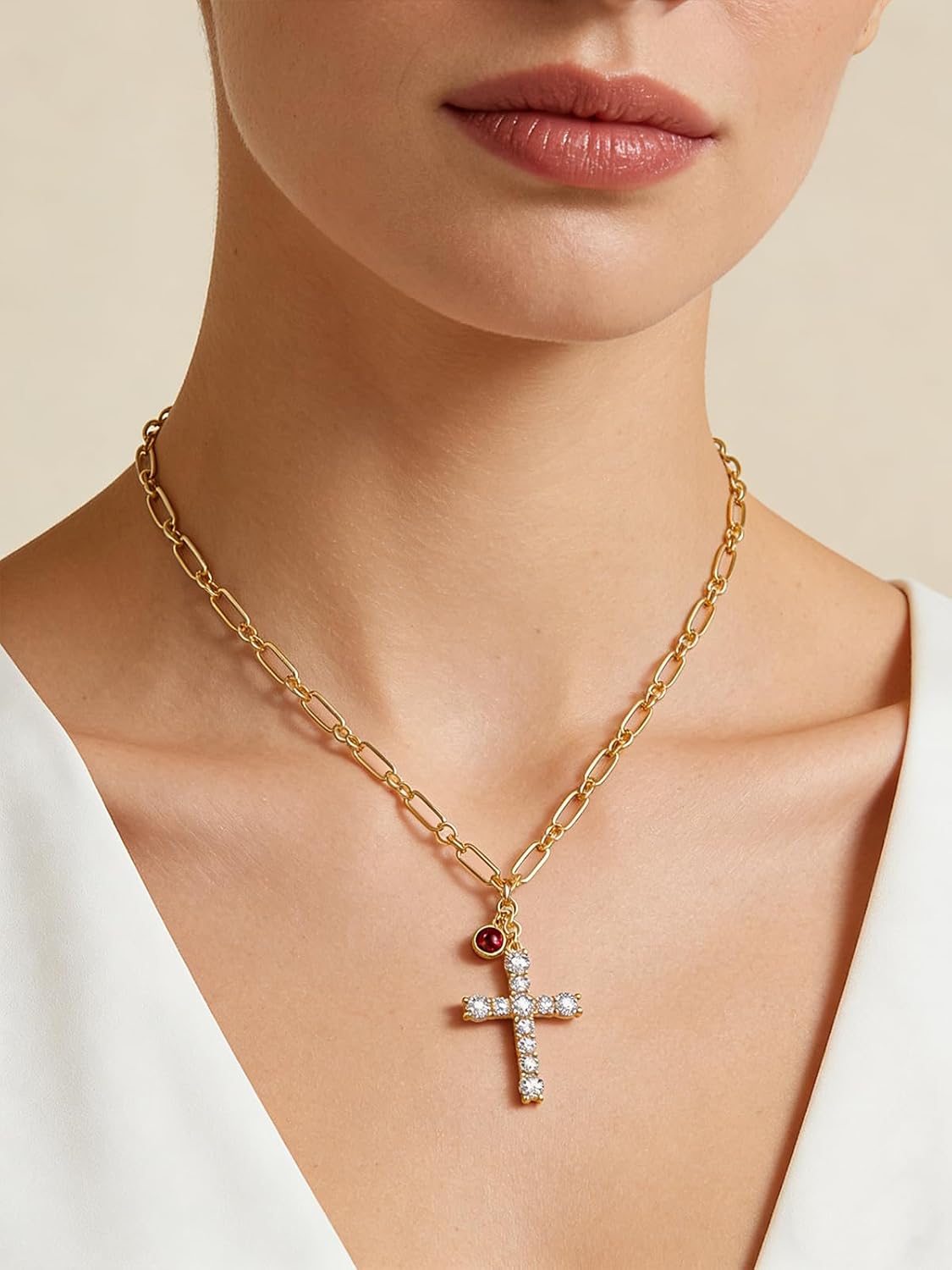Cross Necklace for Women 14K Gold Birthstone Anniversary Birthday Gift for Wife Mom Protection Christian Jewelry Adjustable Chain