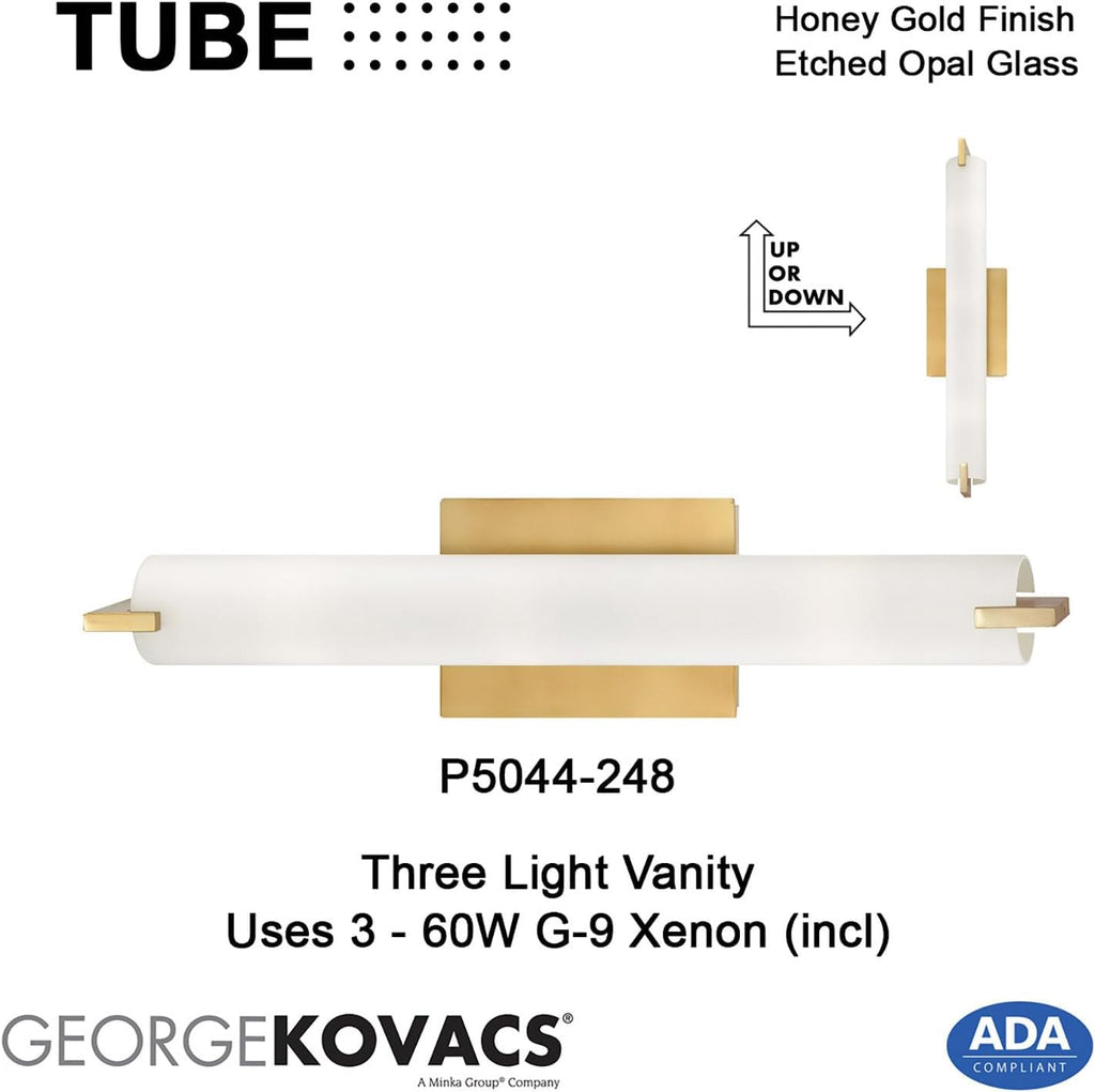 GEORGE KOVACS P5044-248 Tube Wall Sconce, 3-Light, 180 Total Watts, 4.75-in H x 20.5-in W, Honey Gold
