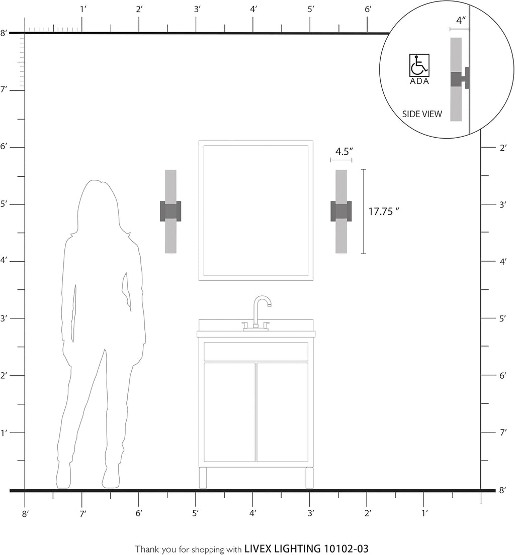 Livex Lighting 10102-03 Aero 2 Light ADA Vanity Sconce, White with Brushed Nickel Accent, 4.5 x 17.75