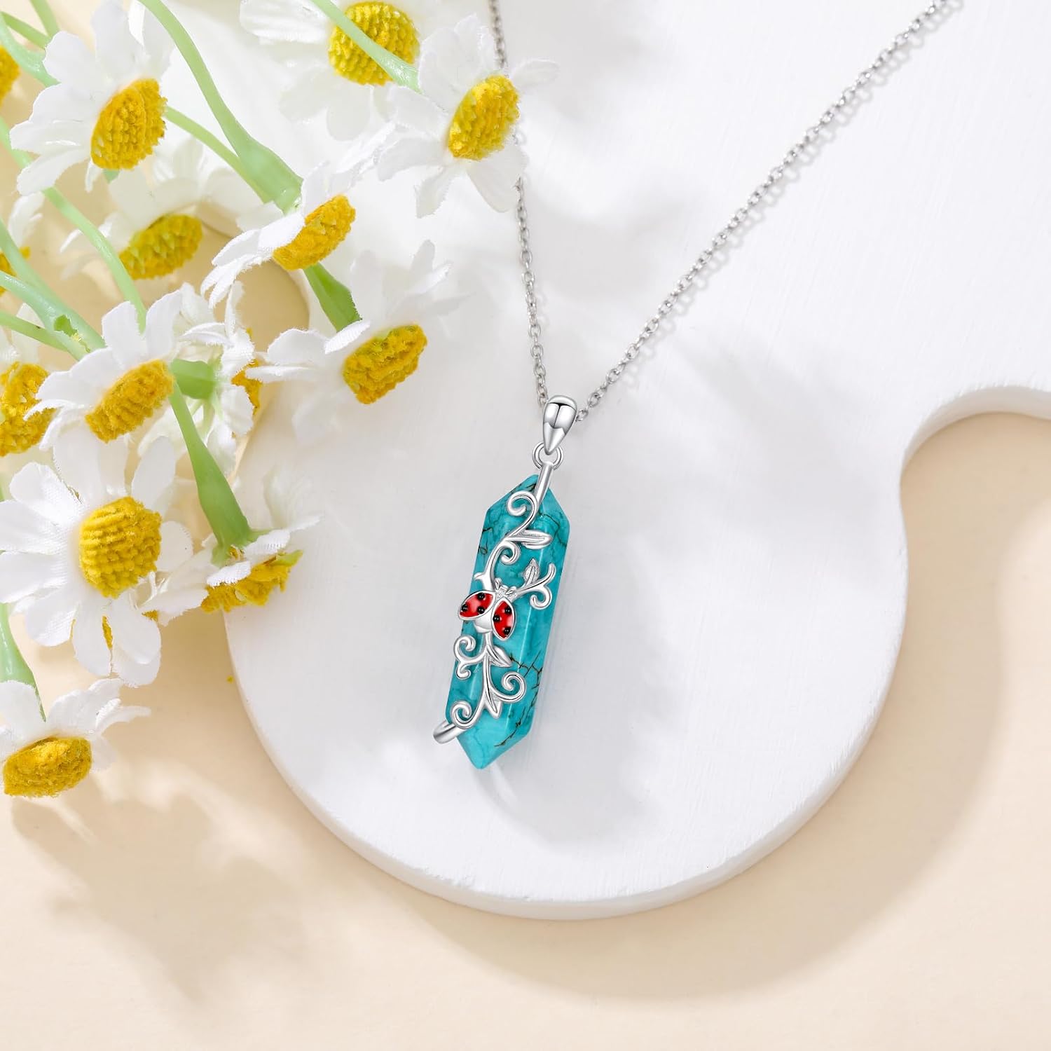 Natural Turquoise Ladybug Necklace for Women 925 Sterling Silver Ladybug Pendant Necklace with Genuine Turquoise Jewelry Gifts