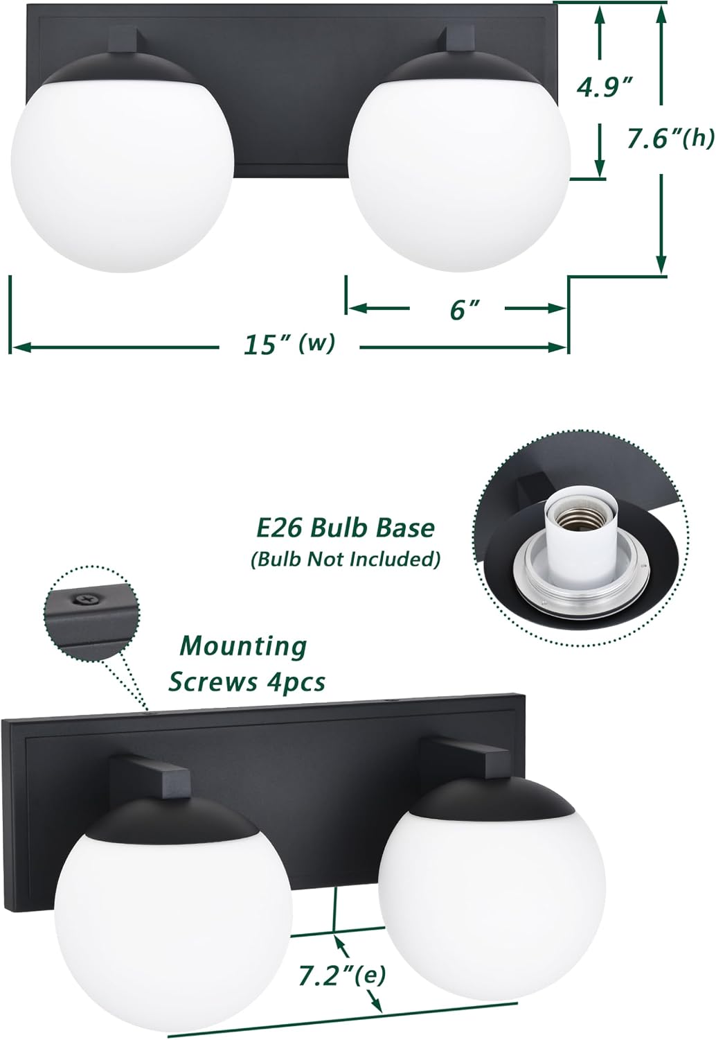 Black Bathroom Vanity Light Fixtures, 2-Light Globe Bathroom Lighting Fixtures Over Mirror, Modern Wall Lights for Living Room, Long Backplate, Standard E26 Base, Textured Black