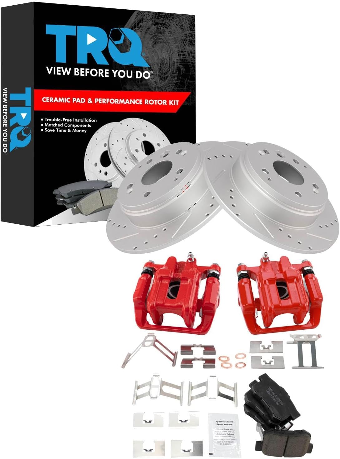 TRQ Rear Performance Brake Pad, Caliper, & Rotor Kit Ceramic Premium G-Coated Red Compatible with 2007-2008 Acura TL 2003-2011 Honda Element