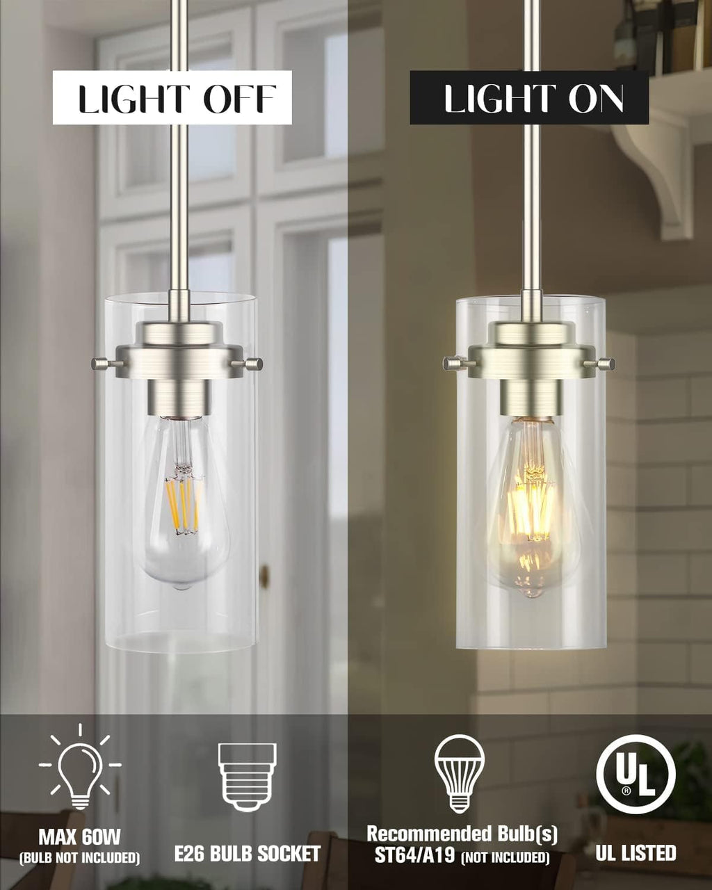 EAPUDUN Pendant Lights Kitchen Island (3 Pack), Clear Glass Shade Kitchen Lighting fixtures Ceiling Hanging, Brushed Nickel Light for Kitchen Island,Dining Room,Corridor Bedroom E26 Base