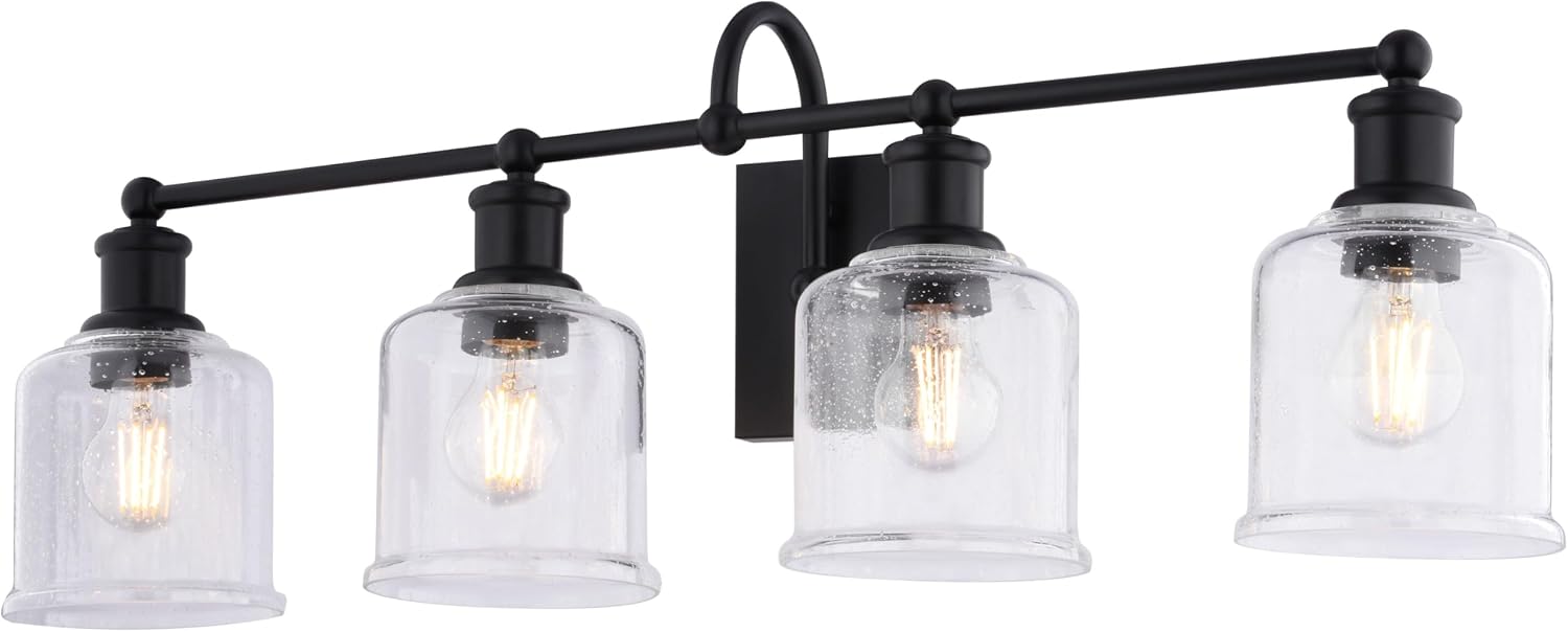 VAXCEL Northbrook 4-Light 32 in. Wide Matte Black Traditional Bathroom Vanity Lighting Fixture, Clear Seeded Glass Shade, Dimmable, LED Compatible, Over the Mirror Mounted Steel Wall Sconce