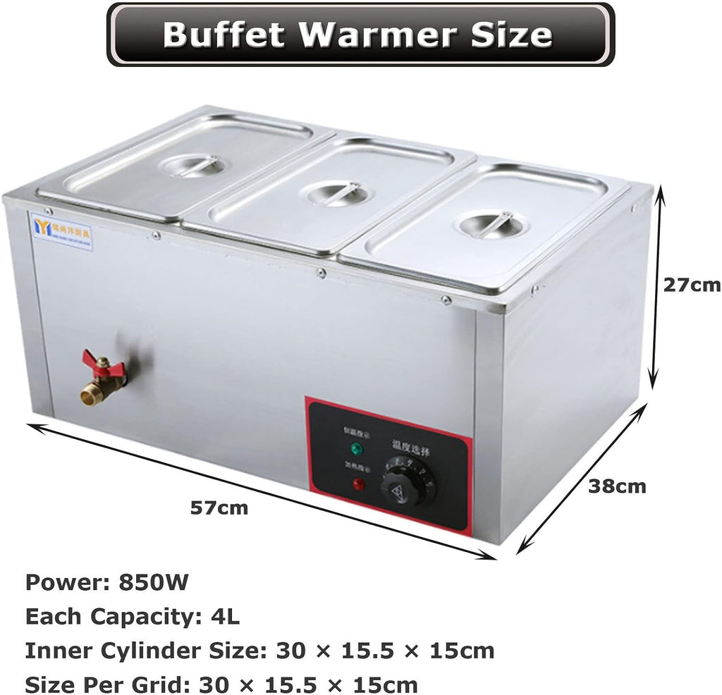 Electric Food Warmer, 3 Section Buffet Warmer and Hot Plate, Stainless Steel Electric Buffet Server, Adjustable Thermostat Commercial Countertop Food Warmer with Covers, Drain Tap for Restaurants