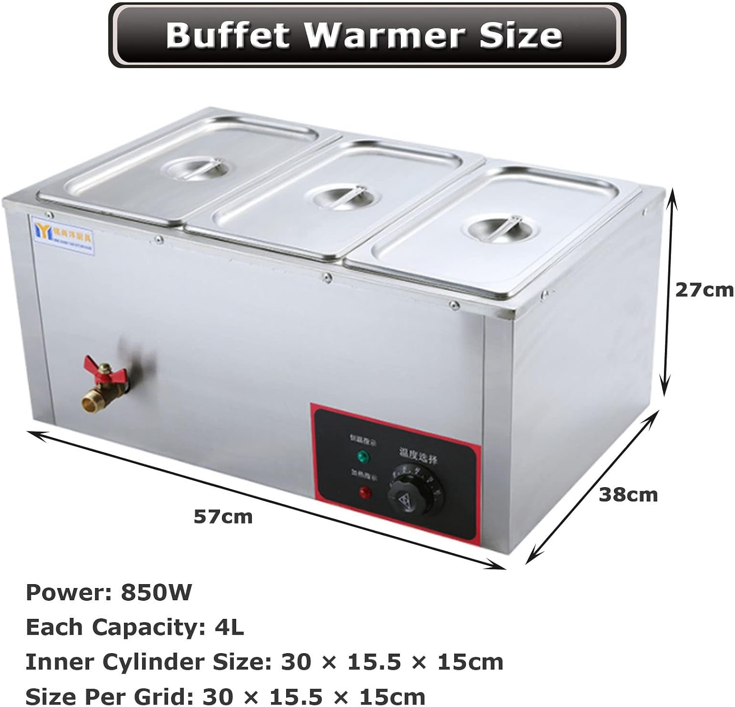 Electric Food Warmer, 3 Section Buffet Warmer and Hot Plate, Stainless Steel Electric Buffet Server, Adjustable Thermostat Commercial Countertop Food Warmer with Covers, Drain Tap for Restaurants