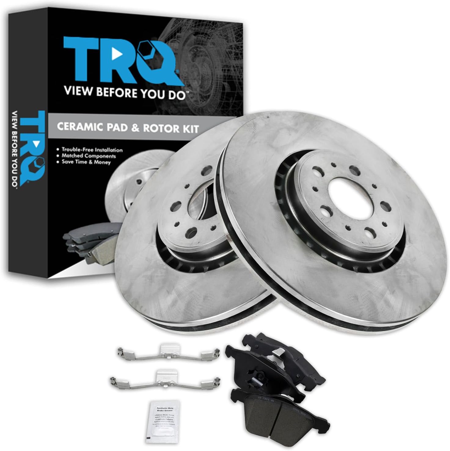 TRQ Front Brake Pad and Rotor Set Ceramic Vented 336 mm Rotors Compatible with 2003-2009 Volvo XC90