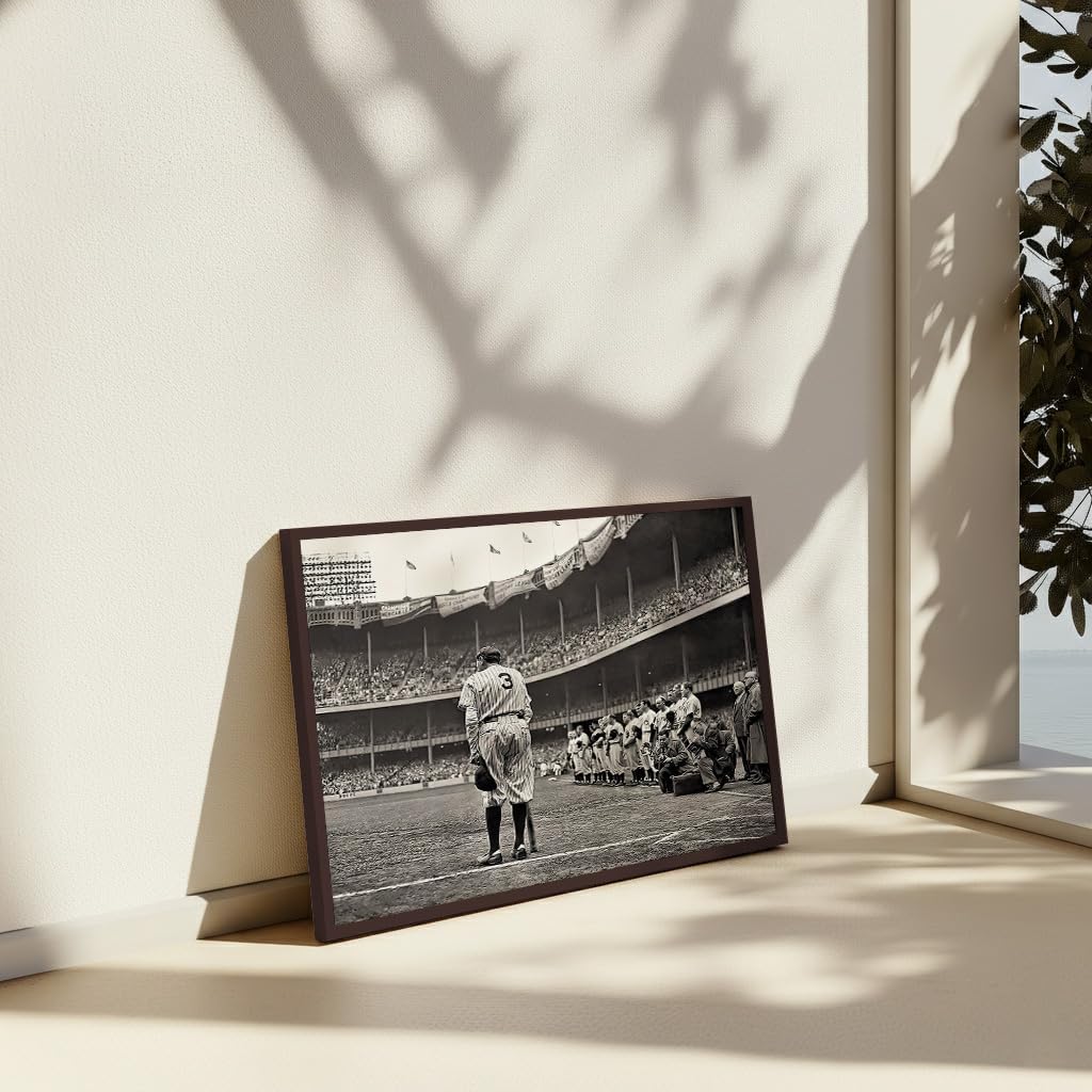 Poster Master The Babe Bows Out Canvas - Retro Babe Ruth Retires Print - Sports Art - Gift for Him, Men, Athlete - Baseball Art - Decor for Man Cave, Gym, Living Room - 16x20 Brown Framed Canvas