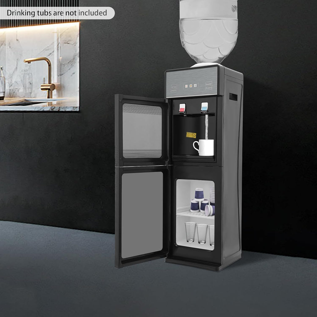 Bacocoo Freestanding Hot&Cold Water Dispenser for Home Office, Top Loading Water Dispenser with Hot,Cold Room Temp, Grey&Black Compact Space-Saving Design.