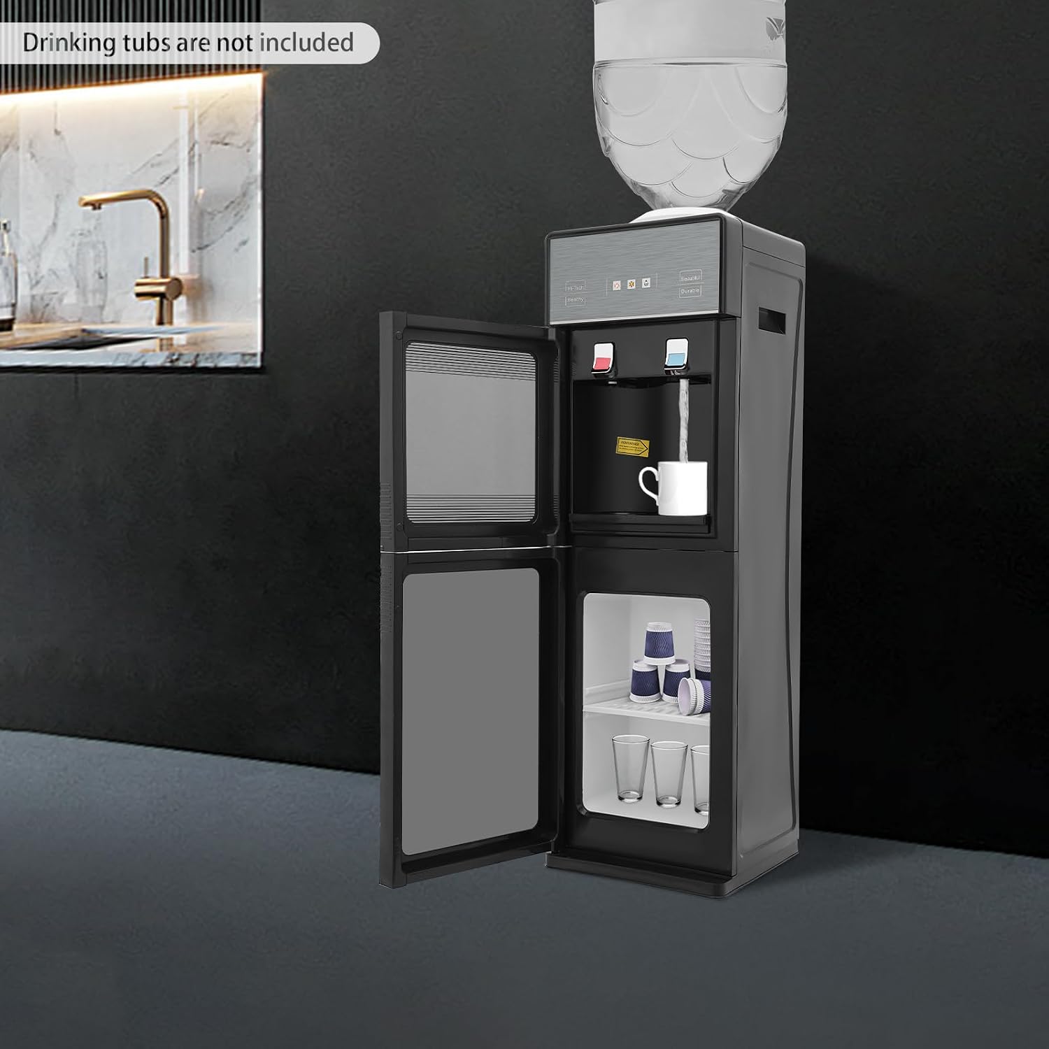 Bacocoo Freestanding Hot&Cold Water Dispenser for Home Office, Top Loading Water Dispenser with Hot,Cold Room Temp, Grey&Black Compact Space-Saving Design.