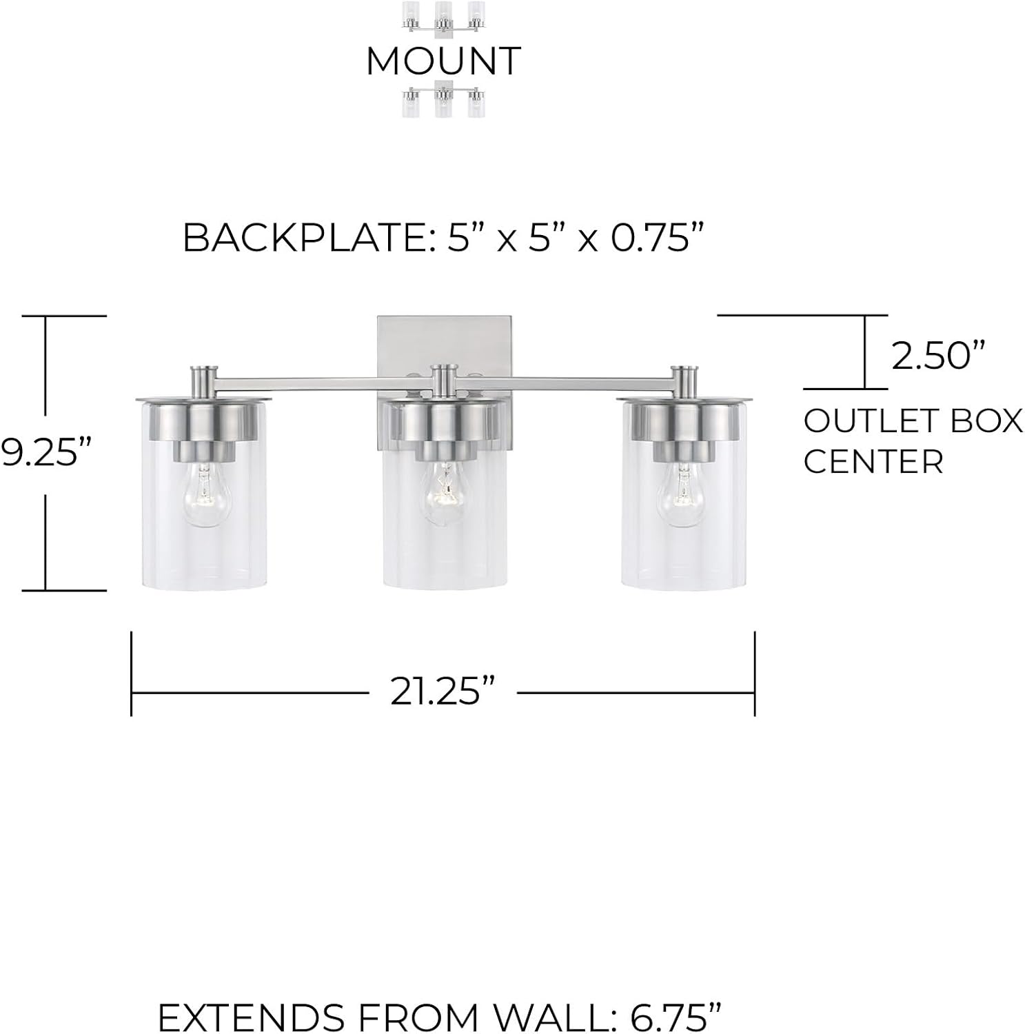 HomePlace by Capital Lighting 146831BN-532 Mason Transitional Clear Glass Cylinder Vanity Light for Bathroom, 3-Light 300 Total Watts, 9' H x 21' W, Brushed/Satin Nickel