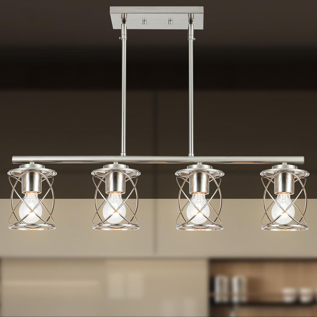 mavcadonf Kitchen Island Light, 4-Light Dining Room Lighting Fixtures Hanging, Farmhouse Linear Pendant Light for Kitchen Island Table Living Room with Adjustable Rods, Brushed Nickel