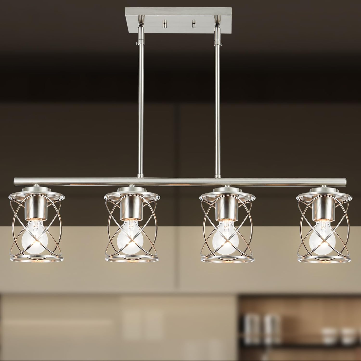 mavcadonf Kitchen Island Light, 4-Light Dining Room Lighting Fixtures Hanging, Farmhouse Linear Pendant Light for Kitchen Island Table Living Room with Adjustable Rods, Brushed Nickel
