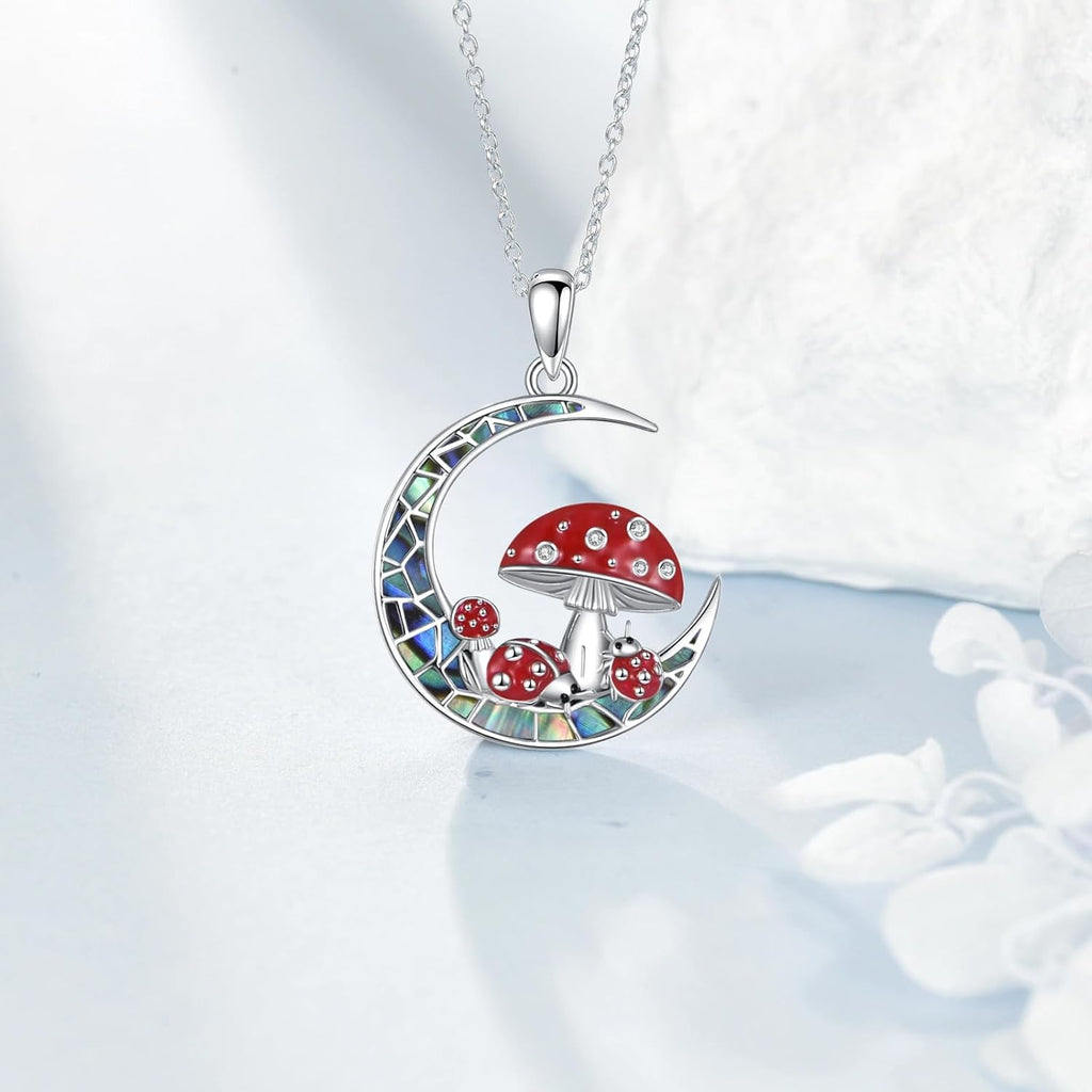 Diamond Moon Mushroom Necklace for Women 925 Sterling Silver Red Mushroom Ladybug Pendant Necklace with Abalone Jewelry Gifts for Mom Wife Sister Friend Christmas Birthday,18+2 inch