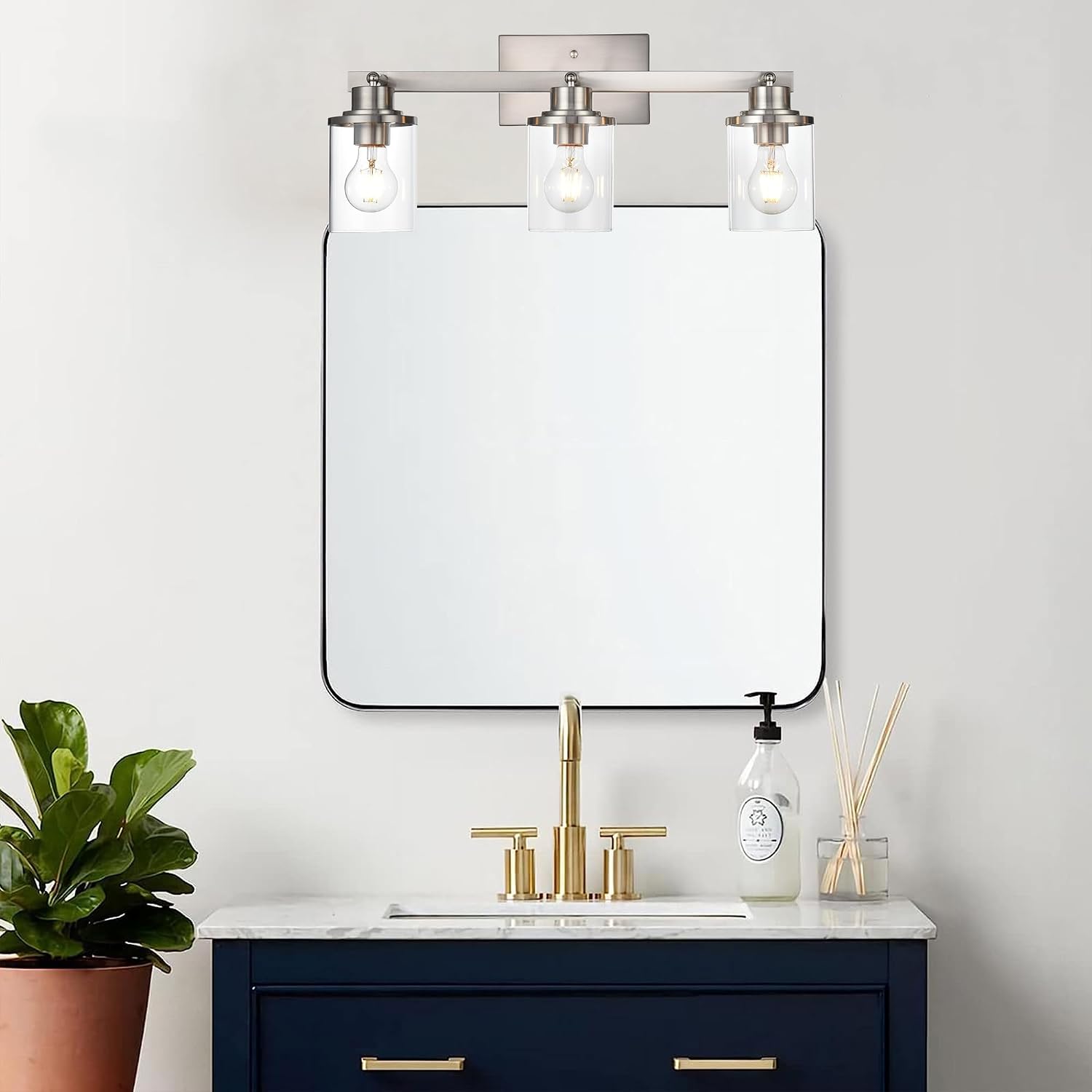 Track Lighting Fixtures 3 Light Directional Ceiling Lights with Adjustable Track Heads, Brushed Nickel Bathroom Vanity Light with Clear Glass Shade
