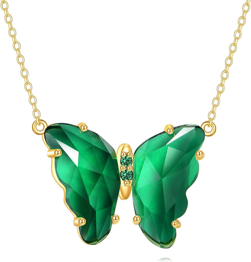 DOVRAN Real Solid Gold Birthstone Butterfly/Dragonfly/Bee/Hummingbird Necklace for Women Yellow Gold Animal Pendant for Christmas Dainty Jewelry Birthday Gifts for Mom Wife